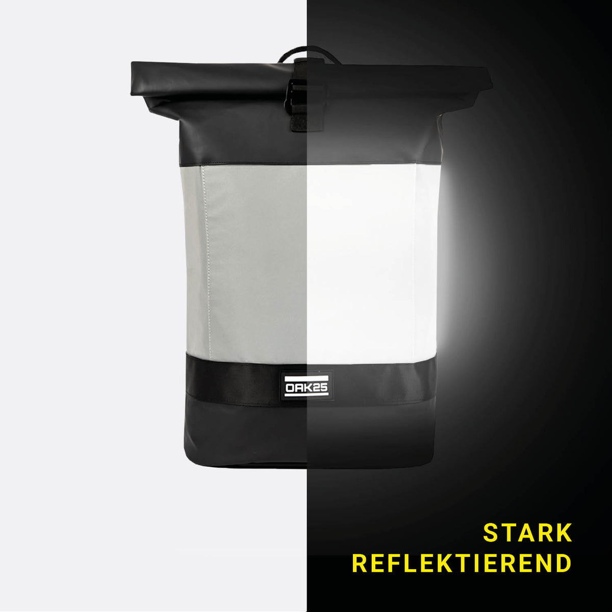 Rolltop-Rucksack von OAK25, Hälfte normal, Hälfte stark reflektierend bei Dunkelheit