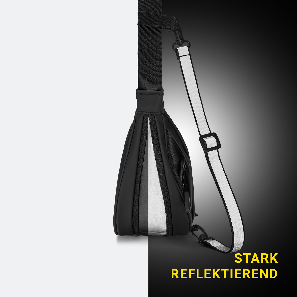 Schwarze Halfmoon-Umhängetasche mit reflektierendem Streifen und verstellbarem Riemen